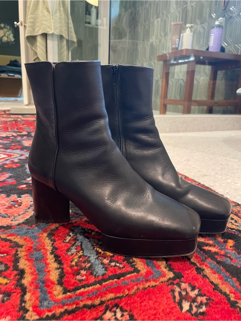 COCLICO Black Leather Platform Block Heel Ankle Boots